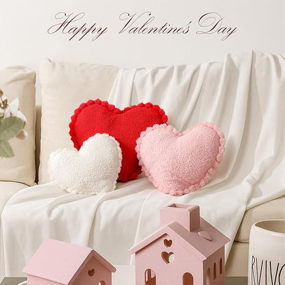 Bucherry 3 Pcs Valentine's Day Heart Throw Pillows, Red White Pink Heart Pillow Soft Decorative Back Cushion for Girls Women Bed Sofa Valentines Wedding Gifts Home Decor(Teddy Velvet,Ruffed Style)