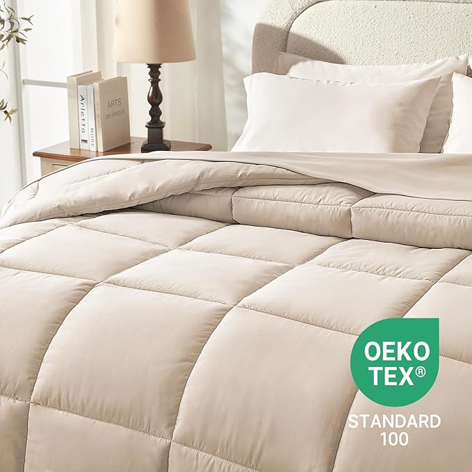 SunStyle Home Beige Full/Queen Comforter Set - 7 Pieces Bed in a Bag, Lightweight Goose Down Alternative Bedding Sets with All Season Comforter, 1 Flat Sheet, 1 Fitted Sheet, 4 Pillowcases