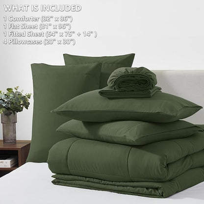 CozyLux Full Size Comforter Sets Olive Green, 7 Pieces Bed in a Bag, Green Comforter Full Size, All Season Bedding Sets with Stitch Quilted Comforter, Flat Sheet, Fitted Sheet, Pillowcases