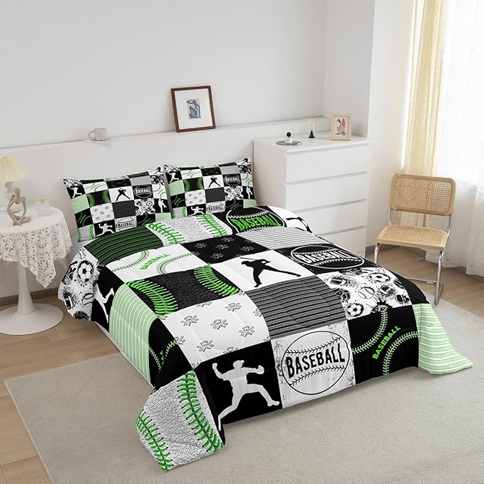 Erosebridal Baseball Bedding Set King for Kids Boys Teens,Softball Comforter Set,Sports Game Soccer Volleyball Quilted Youth,Geometric Patchwork Down with 2 Pillowcases Bedroom Decor