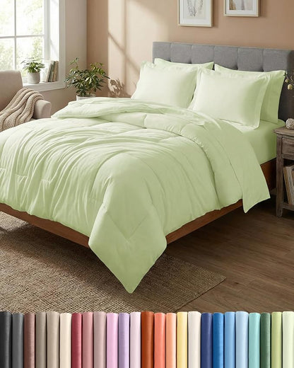 King Comforter Set - 5 Piece Bed in a Bag King Size Bed Set - Down Alternative Comforter, Flat Sheet, Fitted Sheet, Pillowcase & Shams for All Seasons - Ultra Soft and Breathable - Light Sage Green