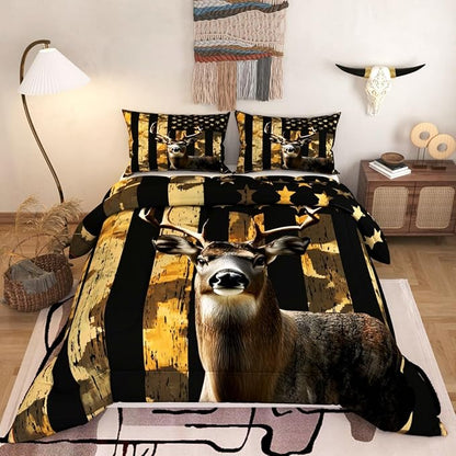 Deer Hunting Comforter Sets for Kids Adults,3D American Flag Pattern with Bright Colors,Decorative Bedding Comforter Sets with 2 Pillow Shams, Twin Size