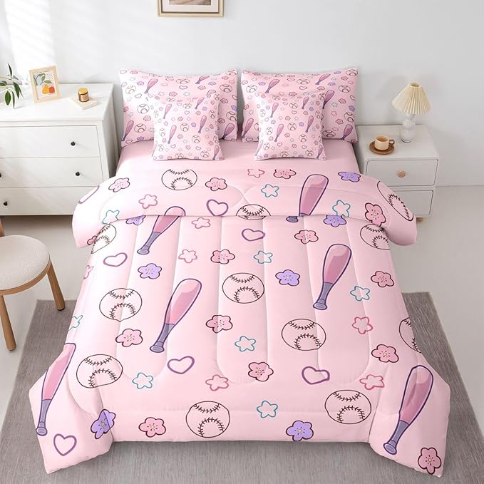 Erosebridal Pink Baseball 7 Piece Comforter Set King | Girly Kawaii Floral Bed in A Bag Athletic Competitive Games Sheet Set Heart-Shaped Pattern Love Fitted Sheet Breathable Lightweight