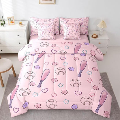 Erosebridal Pink Baseball 7 Piece Comforter Set Twin | Girly Kawaii Floral Bed in A Bag Athletic Competitive Games Sheet Set Heart-Shaped Pattern Love Fitted Sheet Breathable Lightweight