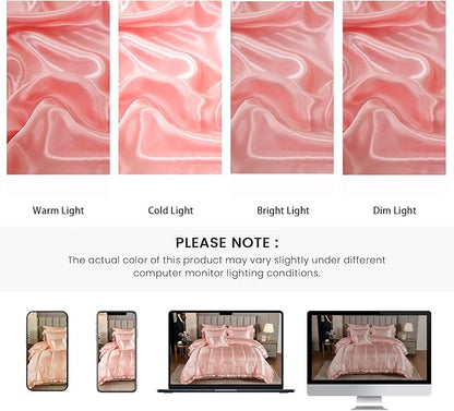 Satin Comforter Set with Sheet Set King 8 Pieces Silk Like Pink Bedding Set Silky Ruffle Pattern Luxury Silky Comforters with 1 Cushion Cover
