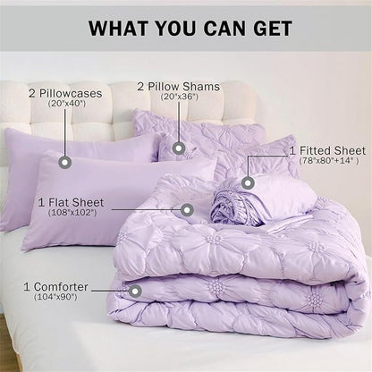 Cmfshape Lavender Pinch Pleat Comforter Set King Size-7 Pieces Bedding Comforter Bed in A Bag-Lightweight Microfiber Bedding Set with Comforter,Fitted Sheet,Flat Sheet and Pillow Shams-104 x90