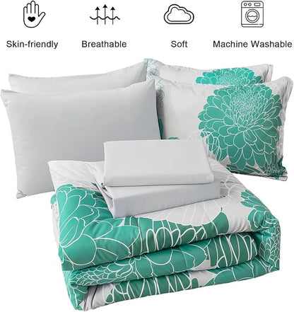 Yiran Grey Aqua Floral King Comforter Set Bed in a Bag Soft Microfiber Comforter Bedding Set 104"×90",7 Pieces (1 Comforter,2 Pillowcases,2 Pillow Shams,1 Flat Sheet,1 Fitted Sheet)