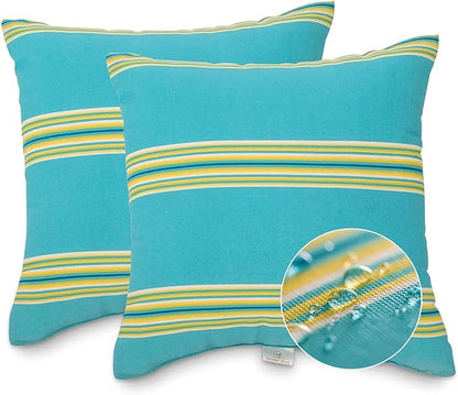 JMGBird Outdoor Pillows Set of 2 with Inserts - 18x18 Weather-Resistant Throw Pillows for Patio Furniture, Sky Blue Multi-Striped Decorative Cushions