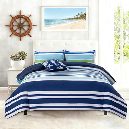 Holawakaka Beach Stripe Bedding Sets 6 Pieces, Navy Blue Coastal Striped Comforter Set King Size All Season Geometric Bed Set, Nautical Bed in a Bag with Comforter,Sheets and Shams