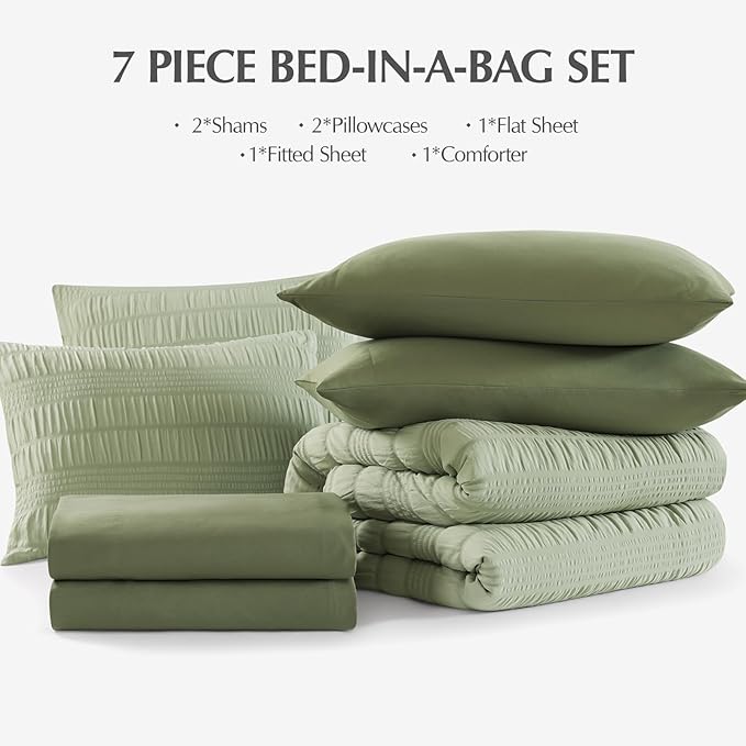 CASAAGUSTO Queen Comforter Set, 7 Pieces Sage Green Seersucker Bed in a Bag Queen Size Soft All Seasons, Bedding Sets with Comforter, Flat Sheet, Fitted Sheet, 2 Pillow Shams, 2 Pillowcases