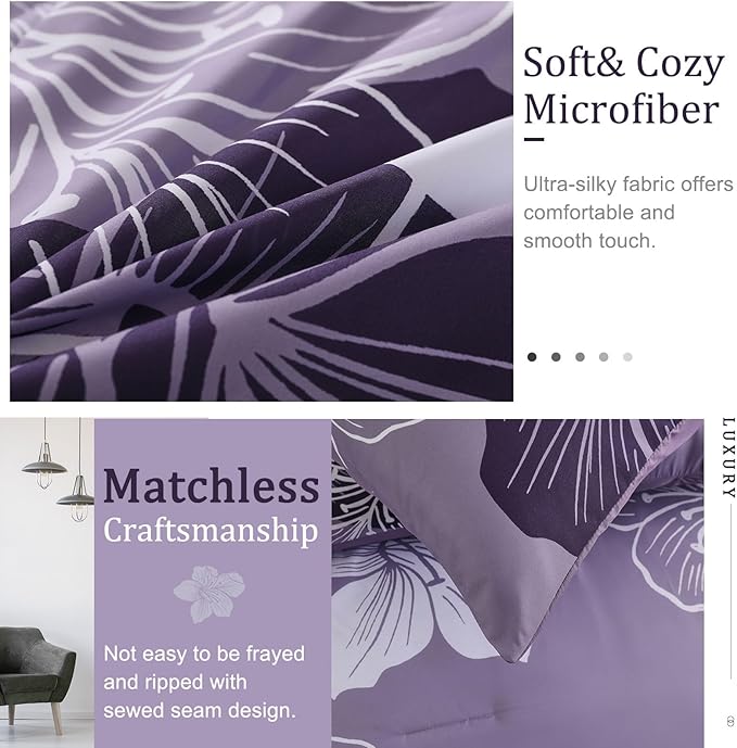 Menghomeus Dark Purple Comforter Set Full Floral Bedding Comforter Sets - Soft Microfiber Bed Set for All Season 3 Piece Botanical Flowers Comforter, Pillowcases
