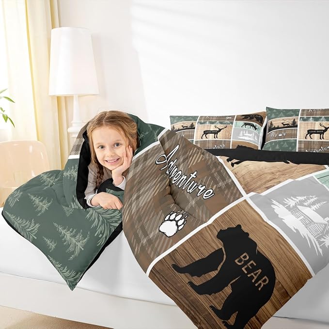 Retro Cabin Comforter Set 3Pcs, Pine Tree Buffalo Plaid Quilt Bear Deer Elk Bedding, Forest Wildlife Woodland Animals Duvet Insert Hunting Lodge Country Rustic Farmhouse Bedroom Decor, Full Size