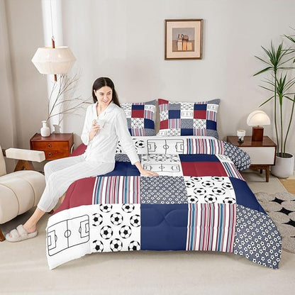 Feelyou Football Comforter Set All Season Rugby Sports Bedding Set with 2 Pillow Cases Soccer Ball Game Kids Queen Bedclothes Gift for Football Lover Bedroom Decor Navy Blue Duvet QuiltSoft