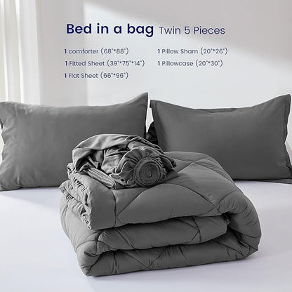 SLEEP ZONE Twin Comforter Set, 7 Pieces Comforter Bed in A Bag, Solid Color All Season Soft Down Alternative Comforter & Luxurious Microfiber Bed Sheets (Grey Square, Twin)