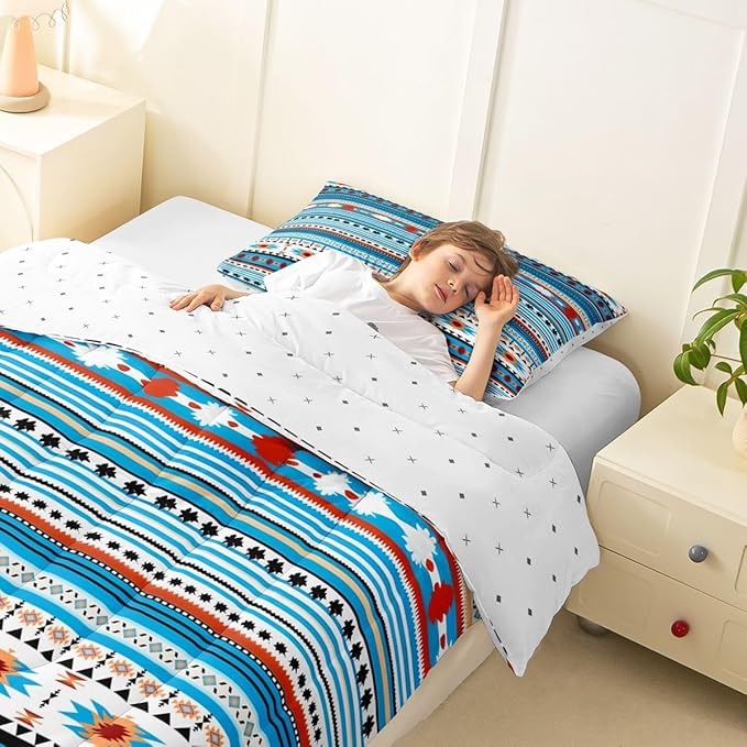 Erosebridal Southwestern Comforter Set Twin Boho Geometric Quilt, Tribal Arrow Bedding Set Western Duvet Insert, Country Room Decor Blue White