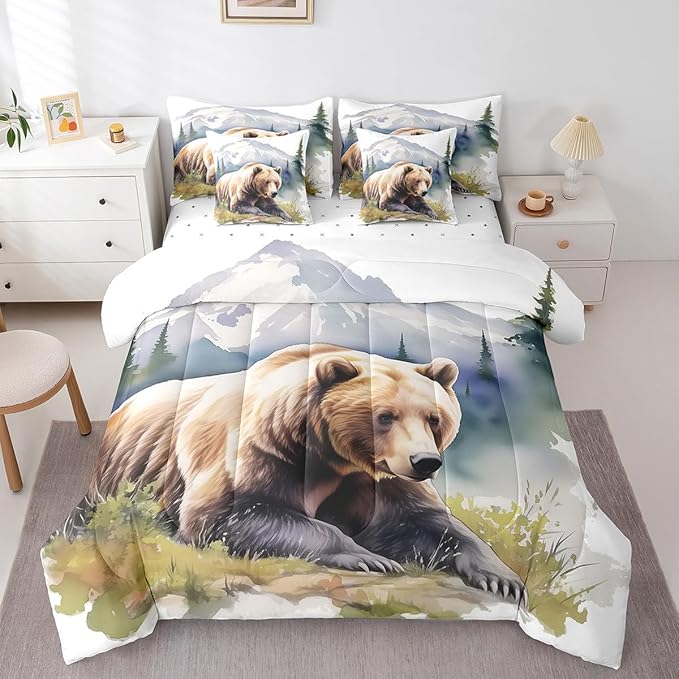 Erosebridal Brown Bear King Comforter Set for Boys Rustic Wildlife Theme Bedding Bed in A Bag, Farmhouse Cabin Decor Bed Set Bedroom Decor 7 Pieces for Kids Teens Youth
