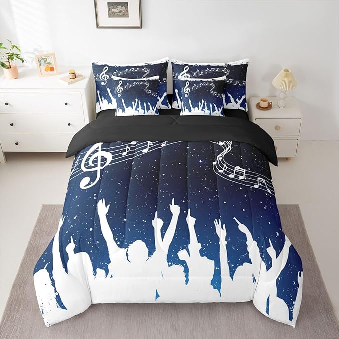 Erosebridal Music Note Stave White Blue King 7-Piece Comforter Set | Starry Sky Sheets and Pillowcases Piano Swirl Guitar Bed in A Bag Aesthetic Kids Adults Bed Sets