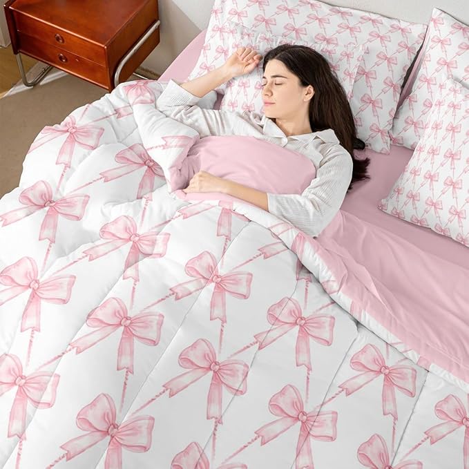 Feelyou Cute Pink Bow Comforter Set Queen Size, Pink Girls Bow 7 Pcs Bedding Set for Kids, Dreamy Bowknot Princess Bed in a Bag, Bed Sheet Sets with Fitted Sheet Pillowcases for Bedroom Bed Decor