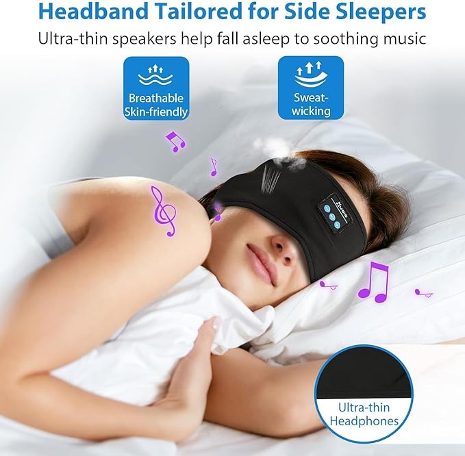 2PCS Adjustable Bluetooth Headband Headphones, Sleeping Headphones with Thin Speakers Mic for Men/Women, Yoga, Running, Workout, Travel, Meditation (Grey&Black)