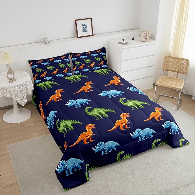 Feelyou Cartoon Dinosaur Bedding Set King, Dark Blue Dinosaur Comforter Set for Kids Dinosaurs Print Comforter Boys Girls Jungle Dino Duvet Set Breathable Bedroom Decor with 2 Pillow Case