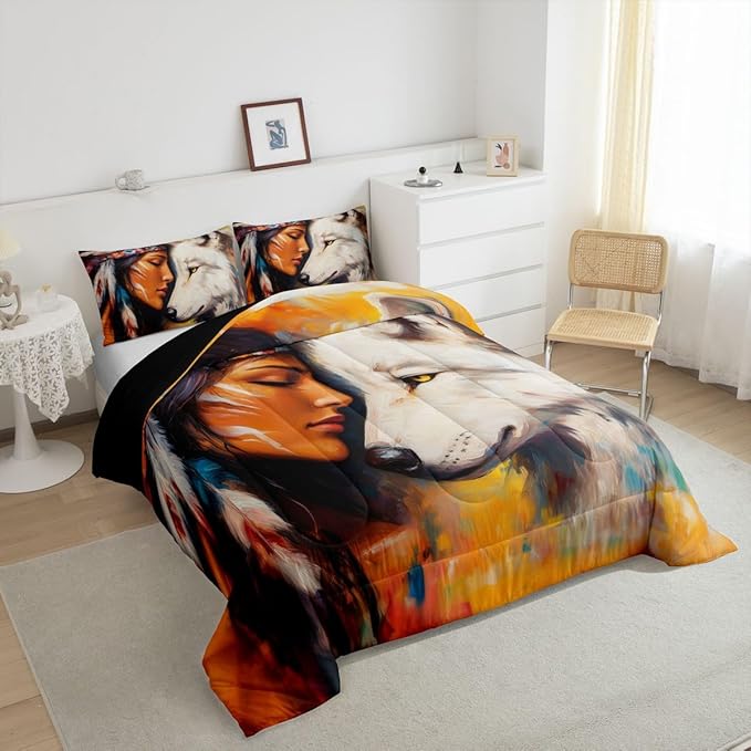 Erosebridal Hunting Wolf Toddler Bedding Set,Indian Woman and Wolf Comforter Set for Kids Boys Girls Room Decor,Exotic Ethnic Aztec Bed Set Wildlife Bedding Comforter Sets,1 Pillowcase