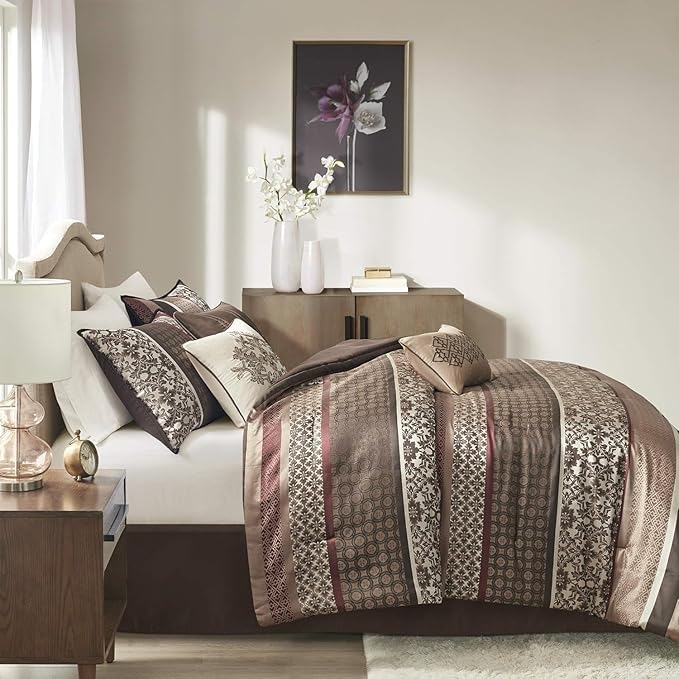 Madison Park Princeton Cozy Comforter Set - Luxurious Jaquard Traditional Damask Design, All Season Down Alternative Bedding with Matching Shams, Decorative Pillow, King(104"x92"), Red 7 Piece