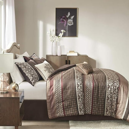 Madison Park Princeton Cozy Comforter Set - Luxurious Jaquard Traditional Damask Design, All Season Down Alternative Bedding with Matching Shams, Decorative Pillow, Queen(90"x90"), Red 7 Piece