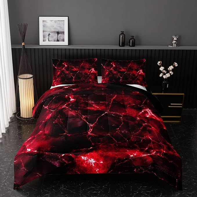 Red Comforter Set Twin Size，Red Marble Bedding Set 3 Pcs Bedding for Adults, Marble Room Decor with Comforter and 2 Pillowcases Soft and Lightweight B-Side Black