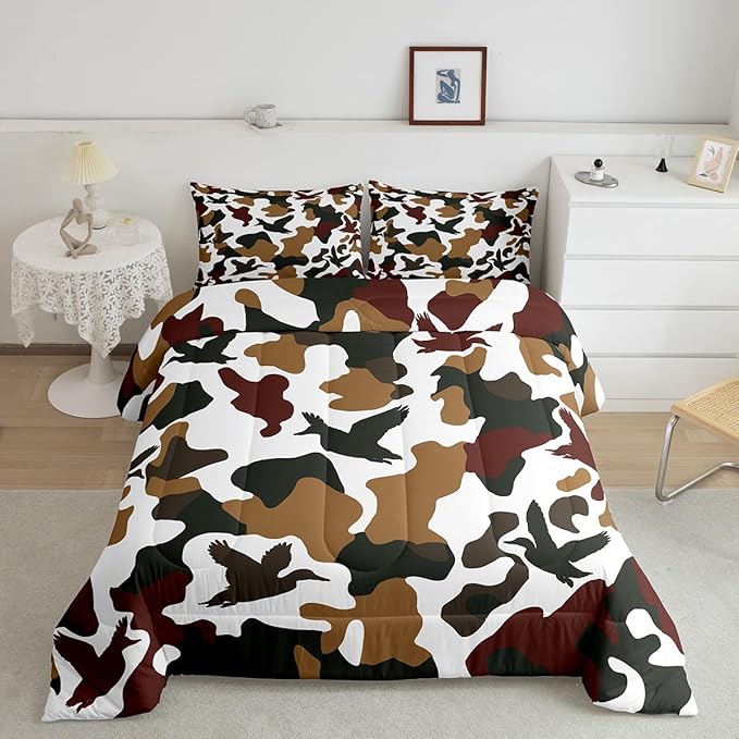 Erosebridal Hunter Comforter Set Toddler Size Camo Duck Bedding for Kids Camouflage Farmhouse Camping Comforter Vintage Army Green Yellow Room Decor Wild Animal Rustic Duvet Set