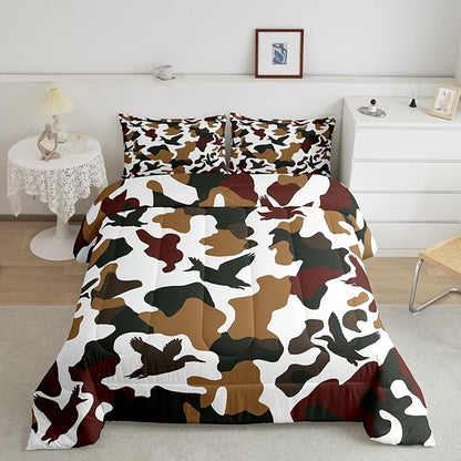 Erosebridal Hunter Comforter Set Toddler Size Camo Duck Bedding for Kids Camouflage Farmhouse Camping Comforter Vintage Army Green Yellow Room Decor Wild Animal Rustic Duvet Set