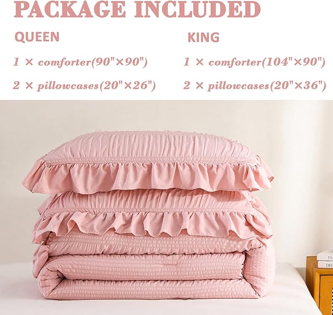 Blush Pink Comforter Set Queen Seersucker Design with Ruffled Edges, Ultra-Soft Pink Bedding Set Queen Size 3 Piece Set, Down Alternative Light-Weight Comforter Set(Blush Pink,Queen)