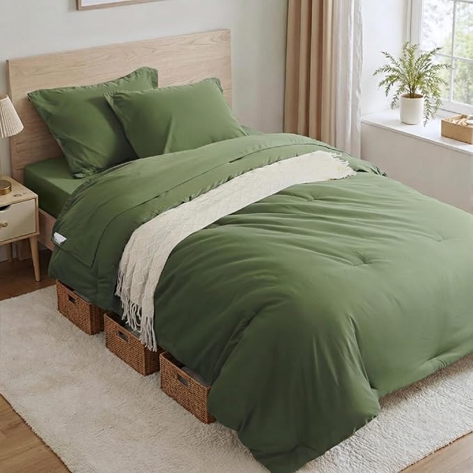 Anluoer Twin Comforter Set 5 Pieces, Olive Green Bed in a Bag with Sheets, All Season Bedding Sets with 1 Comforter, 1 Pillow Sham, 1 Pillowcase, 1 Flat Sheet, 1 Fitted Sheet
