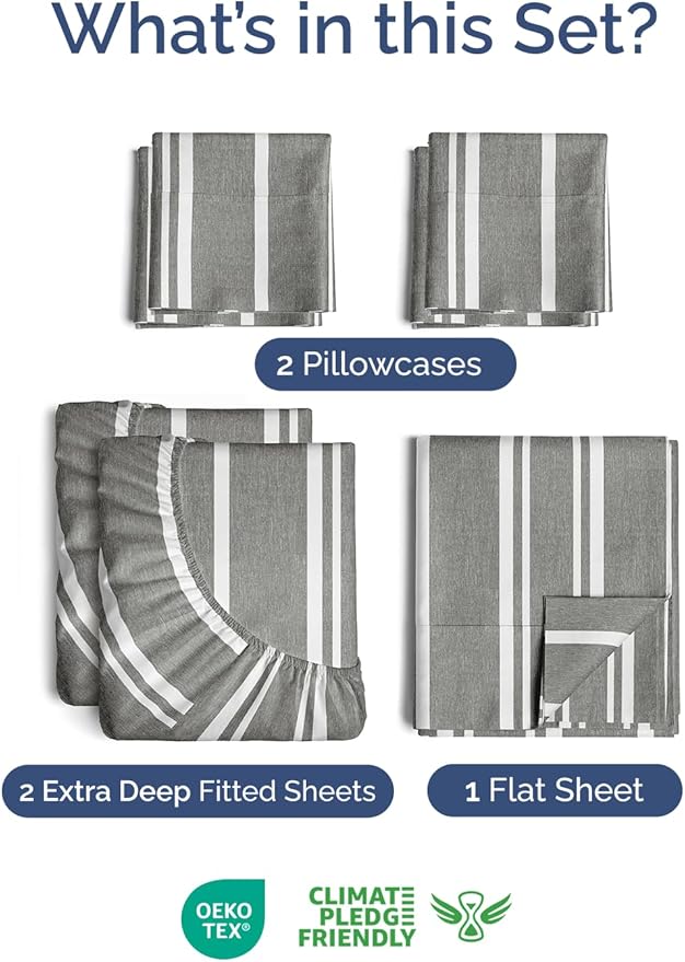 Extra Deep Split King Sheet Set - 7 Piece Breathable and Cooling Sheets - Hotel Luxury Bedding for Women, Men, Kids & Teens - Secure Fit - Soft and Wrinkle Free with Extra Deep Pockets - Grey Stripes