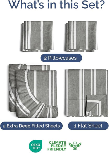 Extra Deep Split King Sheet Set - 7 Piece Breathable and Cooling Sheets - Hotel Luxury Bedding for Women, Men, Kids & Teens - Secure Fit - Soft and Wrinkle Free with Extra Deep Pockets - Grey Stripes