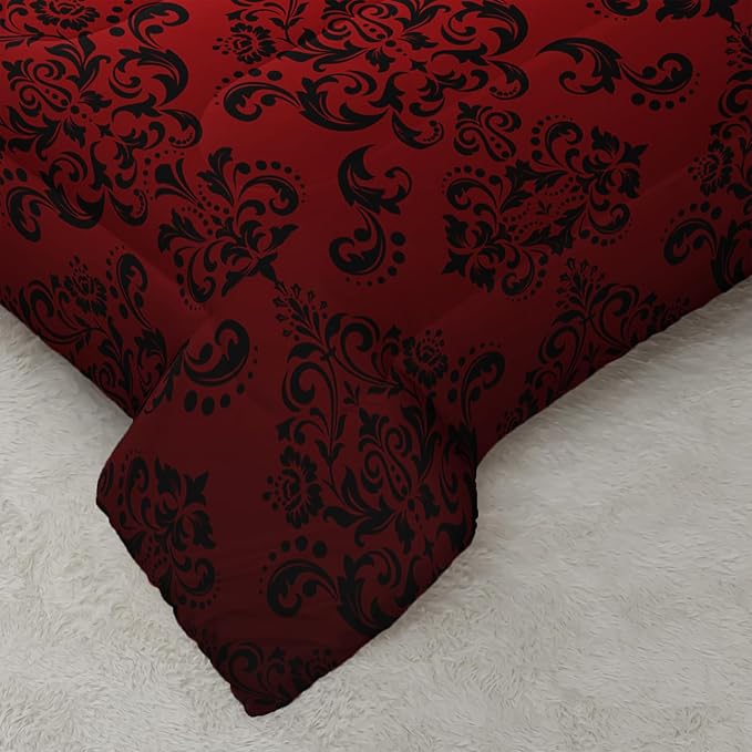 Red Gothic Floral Print Comforter Set Twin Size,Vintage Damask Floral Bedding Set,Bohemian Exotic Printed Quilted Set for Teens Adult,with 1 Comforter and 2 Pillow Case