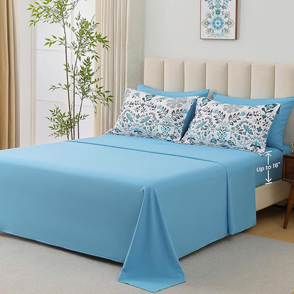 Boho Comforter Set King - 7 Pieces Bed in a Bag Floral Design, Bohemian Comforter Set with Sheets, Soft Microfiber Complete Bedding Sets All Season (Light Blue, King)