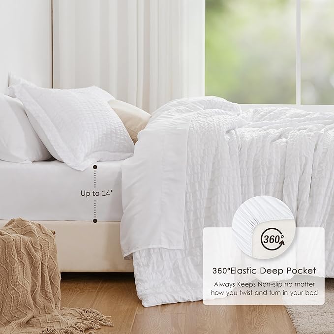 Love's cabin Seersucker White California King Comforter Set, 7-Piece All Season Lightweight Bed in a Bag Bedding Set with Comforter, Flat Sheet, Fitted Sheet, Pillowcases and Shams | Soft, Breathable, Lightweight