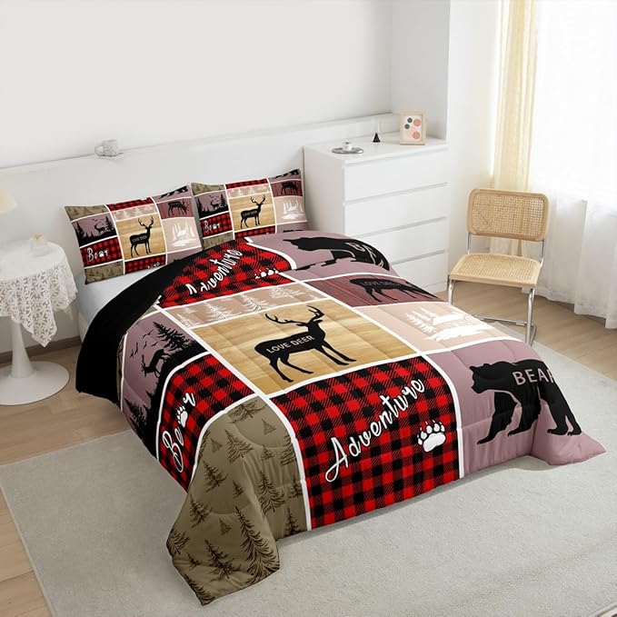 Rustic Farmhouse Bedding Set Full,Vintage Cabin Lodge Comforter Set For Kids Girls Teens Bedroom Decor,Woodland Bear Deer Quilt Western Cowboy Grid Claw Bedding Comforter Sets Cabin Gifts For Women