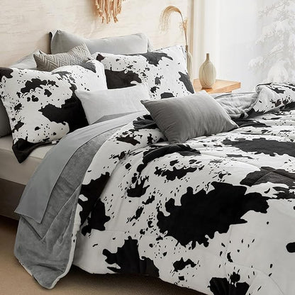 Petrichor Velvet Flannel Twin Comforter Set-Cow Print Western Style Blanket,Luxury Fuzzy Heavy Bedding Set, 2 Pieces Plush Winter Bed Set with Comforter (68"x88") & 1 Pillow Shams (20"x26")