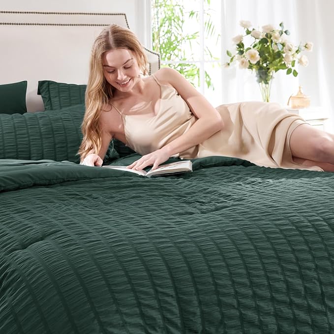 CozyLux Oversized Queen Comforter Set Forest Green Seersucker 7 Pieces 98x98 Bed in a Bag Comforter Set with Sheets, Luxury Bedding Sets with Down Alternative Comforter, Sheets, Pillowcases & Shams