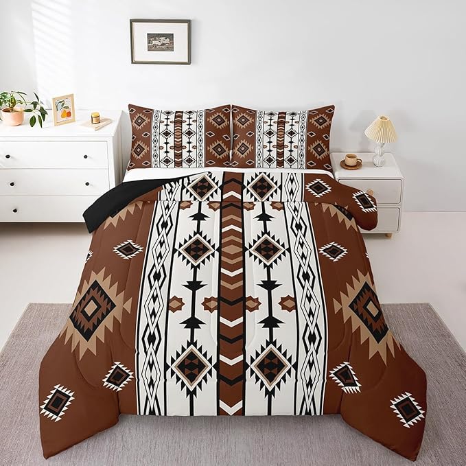 Erosebridal Western Comforter Set Brown Rustic Boho Aztec Bedding Set Toddler Size,Country Cabin Lodge Quilt Comforter for Boys Adults Men Southwestern Ethnic Tribal Bed Duvet Set 2 Pcs