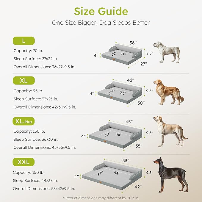 XL Plus Orthopedic Dog Bed, Big Dog Bed for Large Sized Dogs, Dual-Sided Pet Cooling Beds with Memory Foam Washable Cover Nonslip Bottom, Waterproof Pet Couch with Bolster, Light Grey