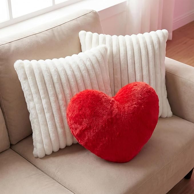 Leinuosen Set of 3 Valentine's Day Decor Heart Red Throw Pillow and 18 in Pillows Covers Faux Fur Decorative Heart Shaped Pillow Furry Stripe Pillowcase for Valentine Bed Couch Living Room Home Decor