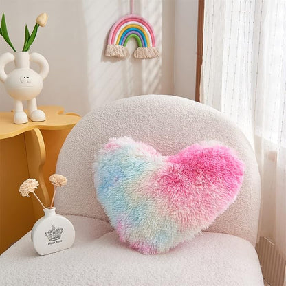 MOOWOO Rainbow Fluffy Heart Pillow,Valentines Day Decor Faux Fur Throw Pillow,Sherpa Plush Shaggy, Girl Room Decor,Heart Shape for Mothers Day,Christmas Decorations(Colorful)