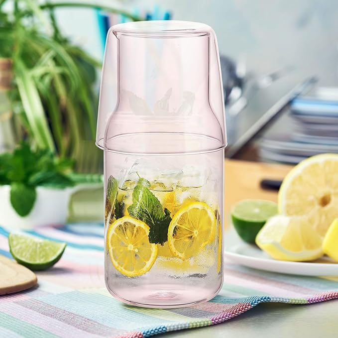 Bedside Carafe and Glass Cup, Bedside Water Carafe with Tumbler, 20oz Bedside Carafe with Cup for Guest Room Bathroom Living Room (A)