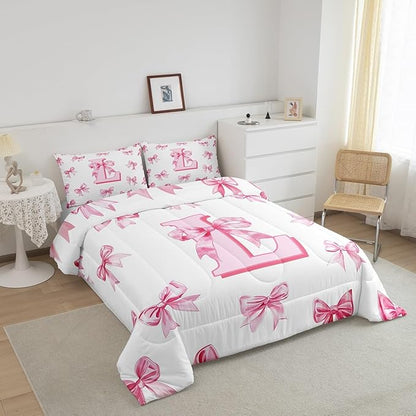 Erosebridal Initial Letter L Comforter Set for Kids Teen Women,Pink Bow Girls King Bedding Set Kawaii Girly Bowknot Bedding Comforter Sets Princess Style Romantic Bow Quilt Duvet