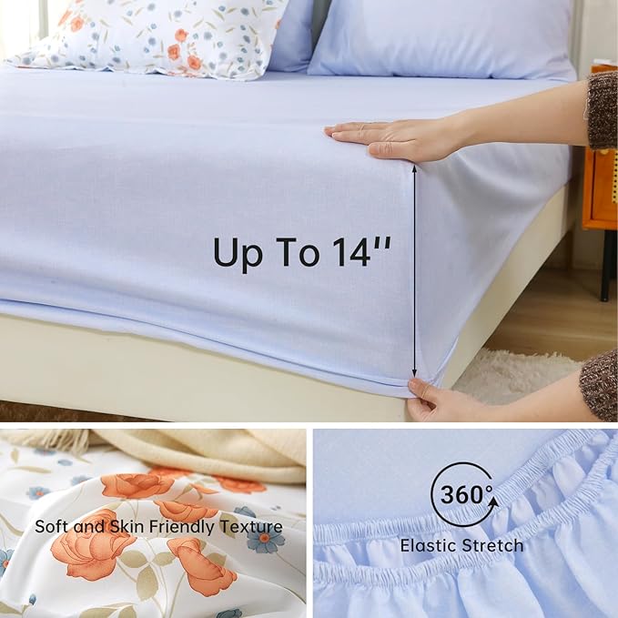 MUXHOMO Orange Blossom Bed in a Bag Queen 7 Pieces, Queen Comforter Set Reversible Botanical Flowers Design, Ultra Soft & Breathable Bedding Sets with Comforter, Sheets, Pillowcases & Shams
