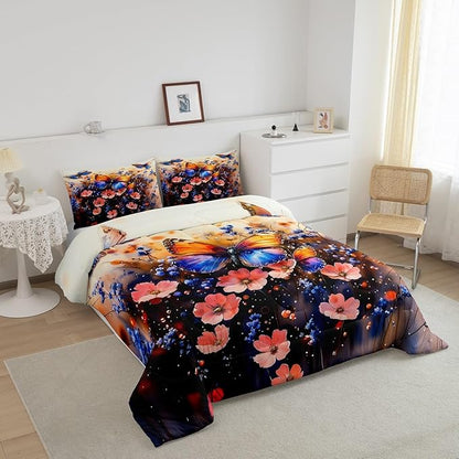 Feelyou Butterfly Comforter Set King Size Butterflies Print Comforter for Boys Girls Teens Animal Bedding Set Butterfly Floral Duvet Set Room Decor Blue Purple Quilt Set