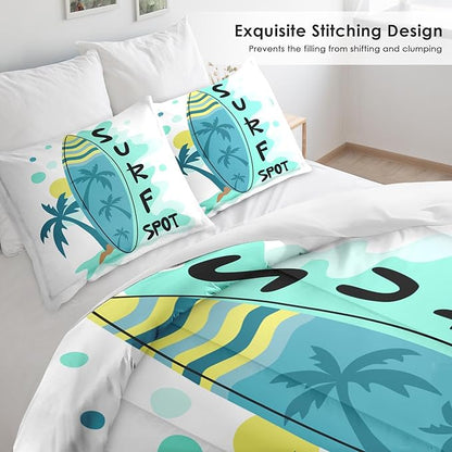 Comforter Set Full Size, Surfboard Sea Summer 3 Pcs Soft Bedding Set for Kids and Adults, Palm Tree Beach Sun Comforter Set with 2 Pillowcases, for Bedroom Bed Decor