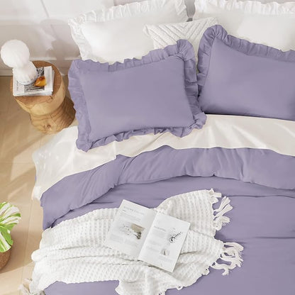 Andency Grayish Purple California King Comforter Set, 3 Pieces Cal King Ruffle Purple Comforter, Lightweight Oversized Farmhouse Shabby Chic Soft Microfiber Bedding Comforter Set (104x96Inch)